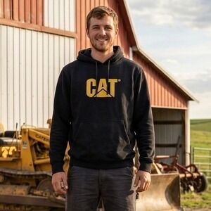 Caterpillar CAT Mens Black Pullover Hoodie Yellow Embroidered Logo Large L